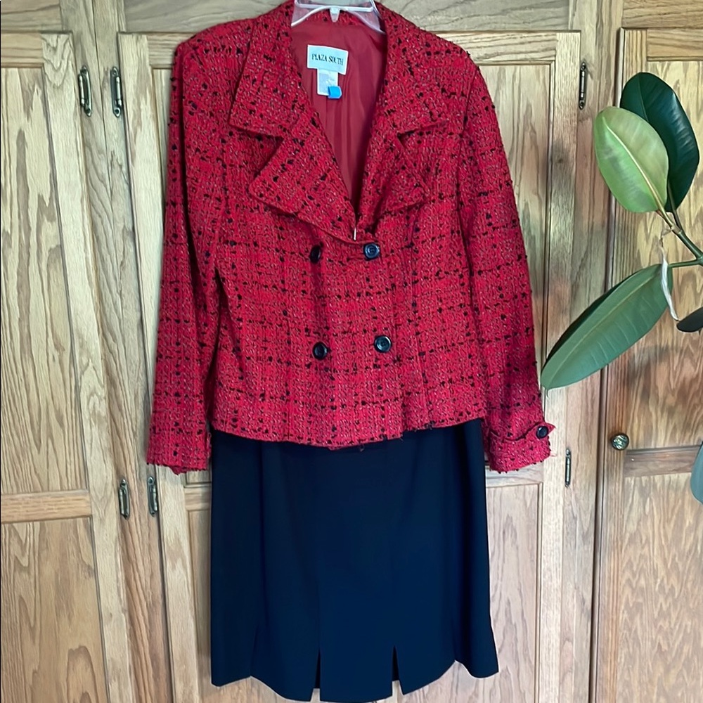 Plaza South Red Tweed Blazer and Black Skirt Set